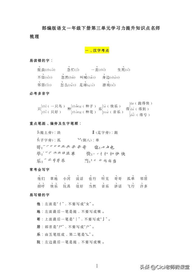 統(tǒng)編語文一年級(jí)下冊(cè)，第三單元知識(shí)點(diǎn)梳理（統(tǒng)編語文一年級(jí)下冊(cè)）