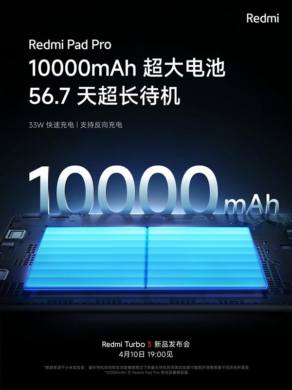 待機(jī)時(shí)長(zhǎng)56.7天！Redmi Pad Pro內(nèi)置10000mAh電池 支持33W快充
