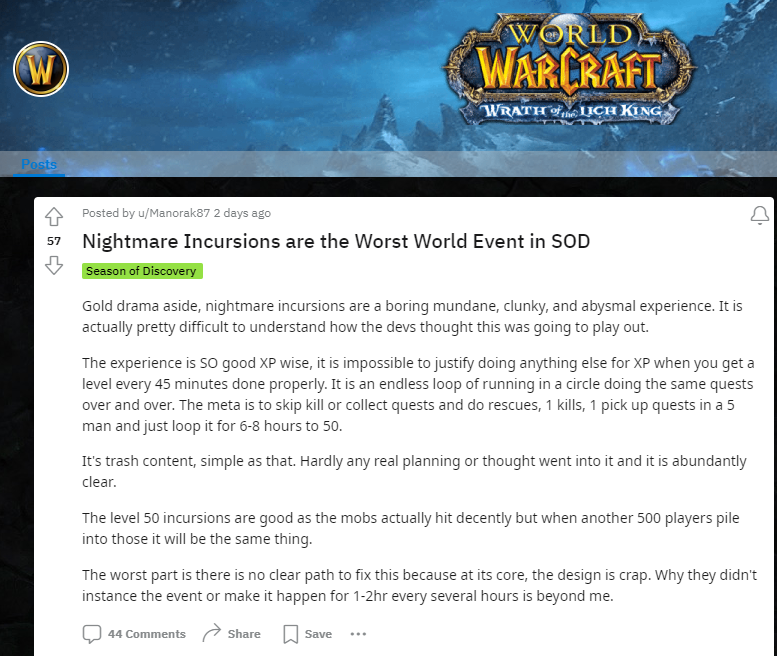 《魔獸世界 懷舊服》探索賽季“夢魘入侵”活動導(dǎo)致通貨膨脹 引玩家不滿