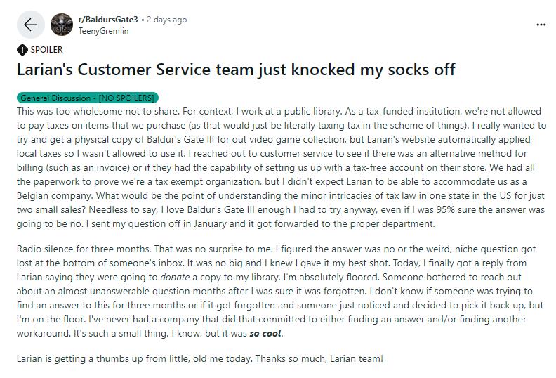 拉瑞安慷慨解囊 向圖書館捐贈《博德之門3》游戲