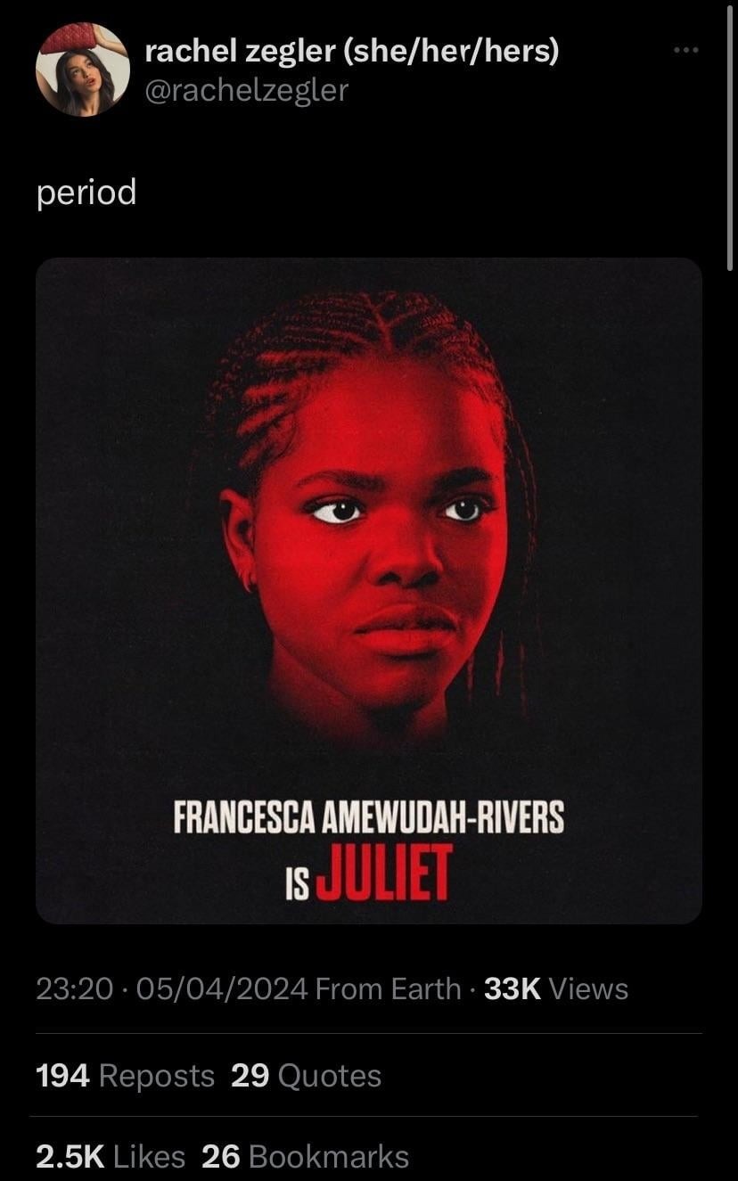 迪士尼《白雪公主》真人版女主演力挺黑人朱麗葉