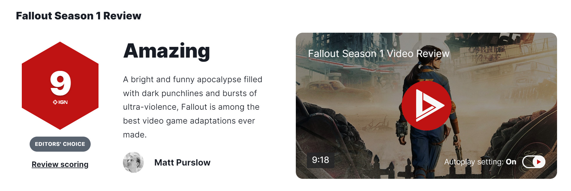 《輻射》真人劇口碑大爆！IGN 9分 爛番茄95%好評