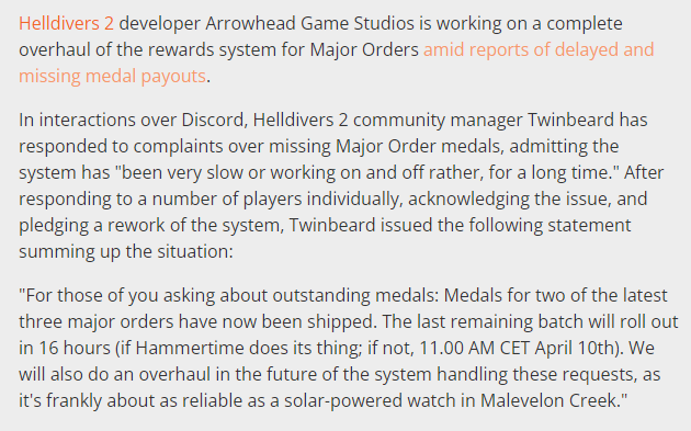 因任務(wù)獎(jiǎng)勵(lì)延遲發(fā)放《絕地潛兵2》開發(fā)者表示將重做獎(jiǎng)勵(lì)系統(tǒng)