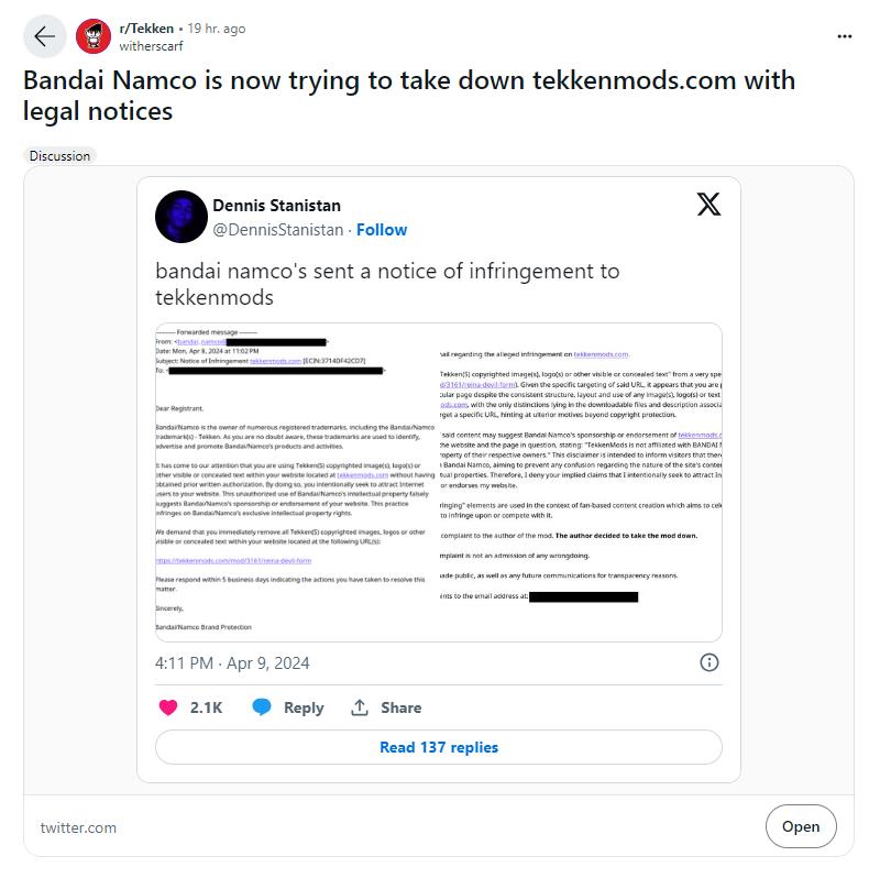 萬代南夢宮向《鐵拳》Mod網(wǎng)站發(fā)出侵權警告 要求刪除Mod