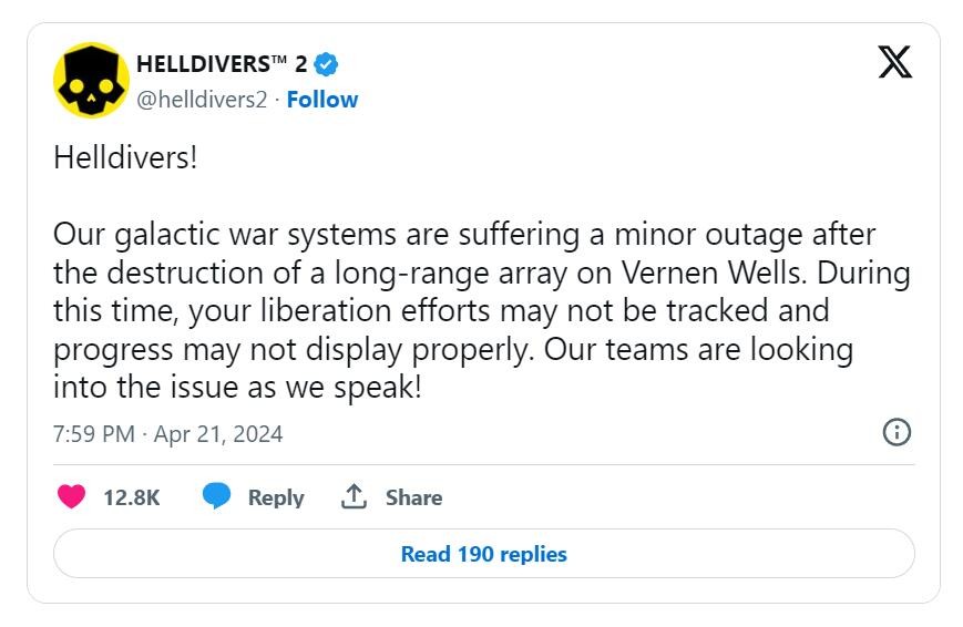 《絕地潛兵2》開(kāi)發(fā)商正在“調(diào)查”其進(jìn)度跟蹤問(wèn)題