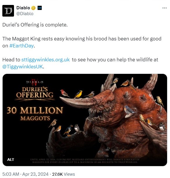 暴雪在世界地球日捐贈(zèng)三千萬只蛆 以拯救鳥類