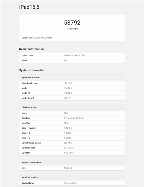 iPad Pro 2024首發(fā)！蘋果M4 GPU跑分公布