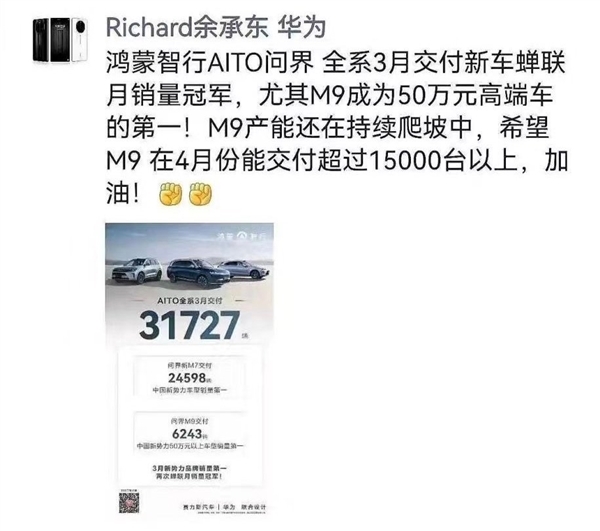 余承東沒吹牛！問界M9單月交付超1.5萬：40萬以上無條件第一