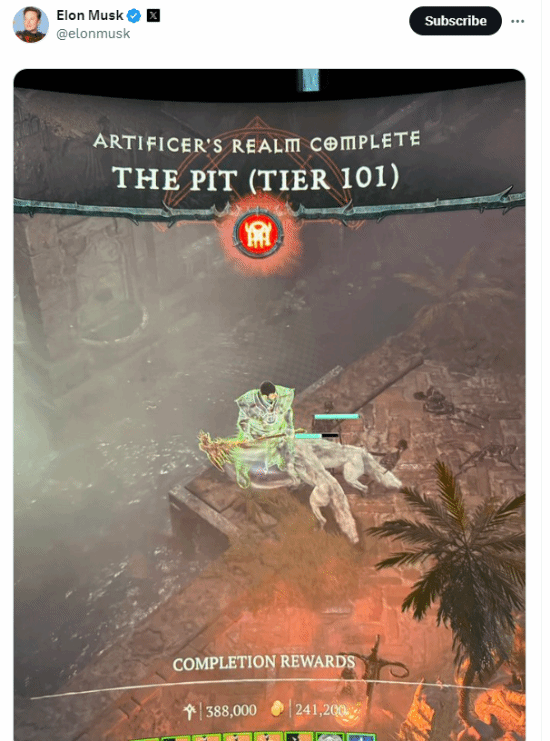 真游戲玩家！馬斯克曬《暗黑破壞神4》新成就