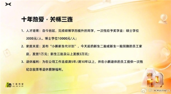 小鵬汽車推多項員工福利：生孩子多獎錢也多 退休給股票