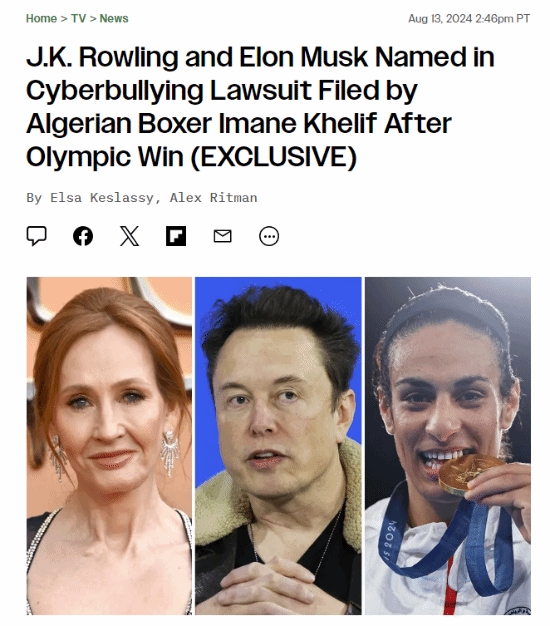 拿下奧運會金牌！性別爭議拳手起訴馬斯克、JK羅琳：開始打擊網(wǎng)絡(luò)暴力