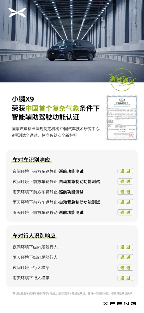 中國(guó)首個(gè)！小鵬X9完成復(fù)雜氣象條件下輔助駕駛認(rèn)證