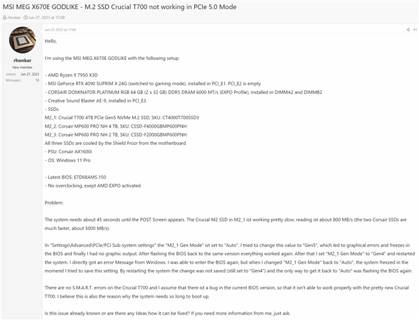 AMD X670E主板詭異Bug：PCIe5.0 SSD突然變PCIe1.0！死機無法啟動