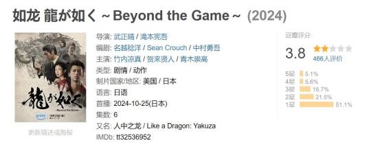 豆瓣3.8分!《如龍》真人劇新預(yù)告 后三集11月1日播出