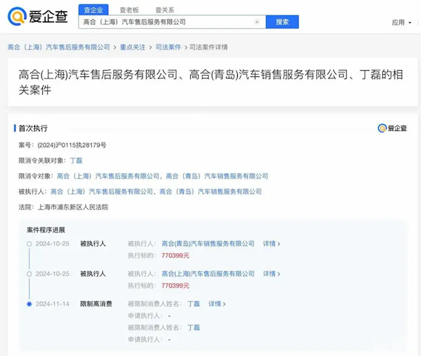 高合汽車創(chuàng)始人丁磊被限高消費(fèi)：涉案公司強(qiáng)執(zhí)金額超77萬元