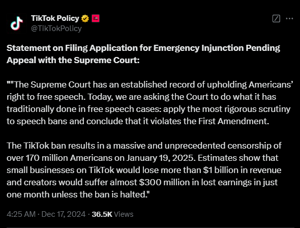 不賣就禁！TikTok請(qǐng)求美國高法院阻止2025年1月生效的禁令