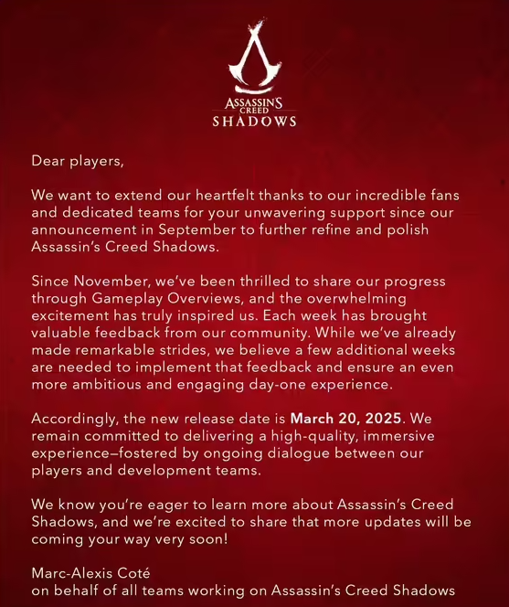 《刺客信條：影》又跳票了：3月20日發(fā)行