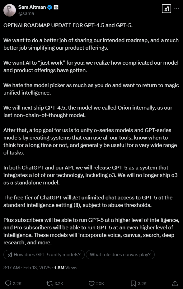 OpenAI凌晨放王炸！GPT-5即將發(fā)布 免費無限使用