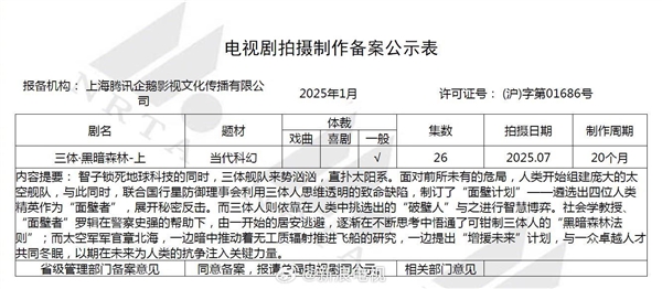 劉慈欣小說改編 騰訊科幻劇《三體·黑暗森林-上》備案：7月開拍